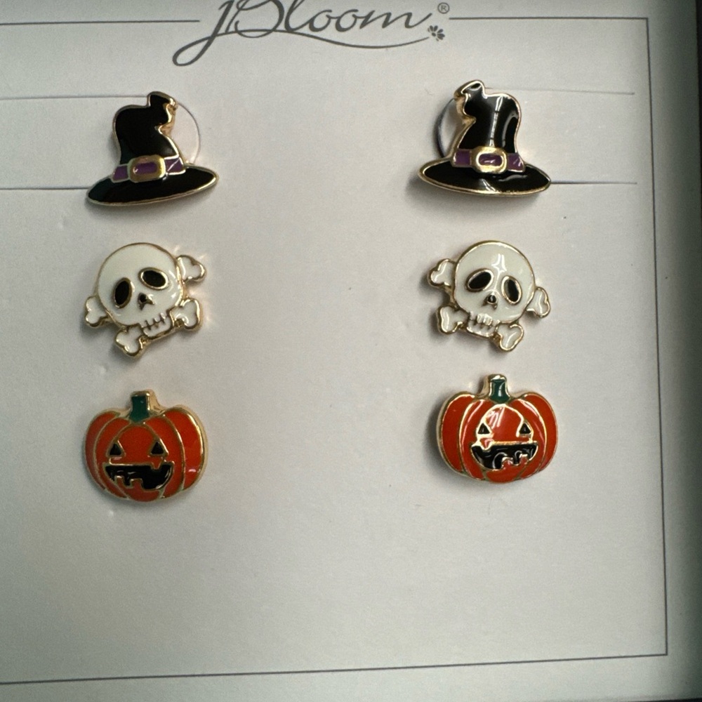 Bloom Fashion Jewelry Halloween Spooky Set Witches Hat Skull Pumpkin Earrings